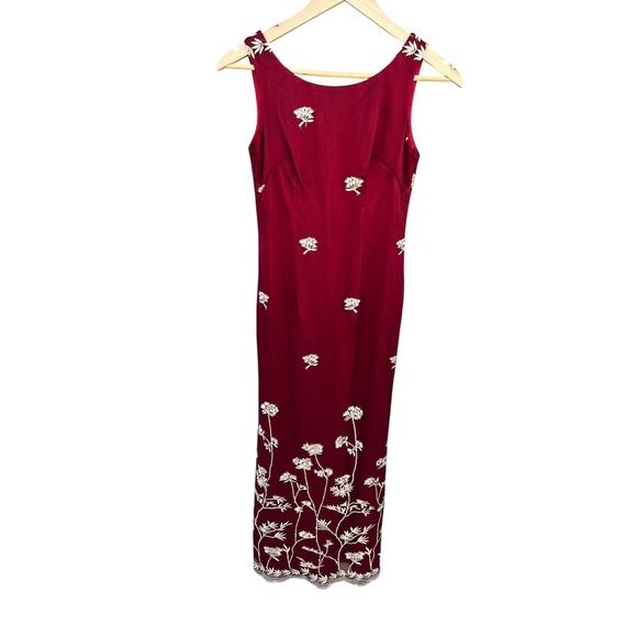 Women's Vintage 90s SMALL Chiffon Red Party Long Dress Sleeveless Embroidered - Picture 1 of 6